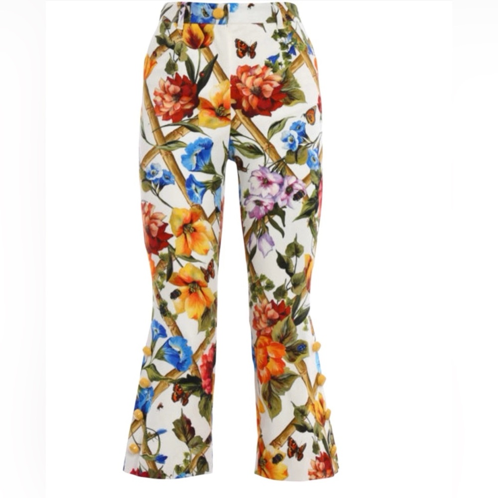 DOLCE & GABBANA Cropped Floral Bamboo Print Cotton Silk Pants - IT 38